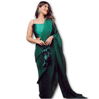 Buy Women's Full Crushed Pleated Satin Saree With Unstitched Blouse Piece