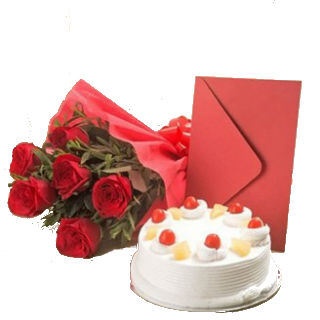 Hamper of cake, rose and greeting card Just Rs.849