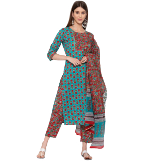 Buy Women Sea Green Ethnic Motifs Printed High Slit Pure Cotton Kurta with Trousers & With Dupatta