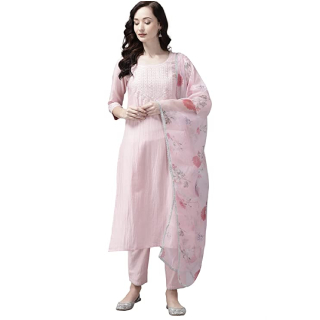 Buy Women's Silk Blend Solid Straight Kurta Trouser With Dupatta Set