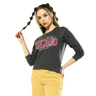 Buy Upto 80% Off On Women Charcoal Graphic Printed Pullover Sweatshirt