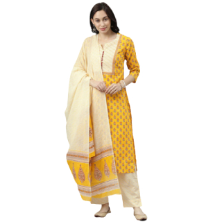 Buy Upto 60% Off On Women Yellow & Orange Printed Kurta with Palazzos & Dupatta