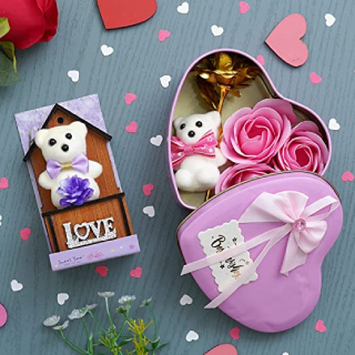 Buy Upto 80% Off On Gift Box with Teddy Bear On Wood Stand & 3 Pink Roses 1Teddy 1Gold Rose