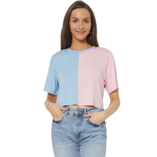 Buy upto 40% Off On Urbanic Women Dusty Pink & Blue Colourblocked Relaxed Fit Crop T-shirt