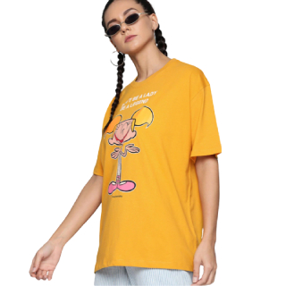 Buy Upto65% Off On Women Mustard Yellow Graphic Printed Drop Shoulder T-shirt