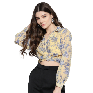 Buy Upto 57% Off On Sassafras Yellow & Blue Floral Printed Georgette Wrap Crop Top