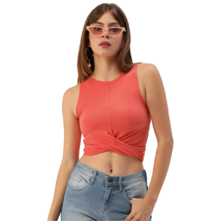 Buy FOREVER 21 Women Coral Pink Solid Wrap Crop Top