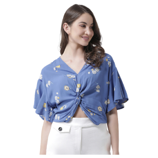 Buy Upto 70% Off On Women Blue Printed Wrap Pure Cotton Top