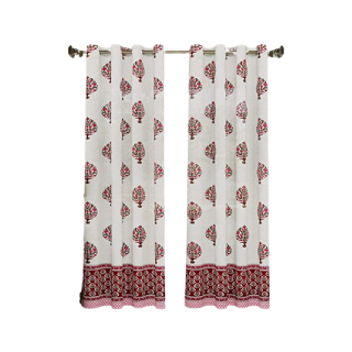 Buy Cotton Paisley Curtains With Eyelets, 4 X 7 Feet, Red, Off White, Set Of 2