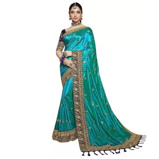 Buy Women's Embroidered Bollywood Cotton Silk Saree (Light Blue)