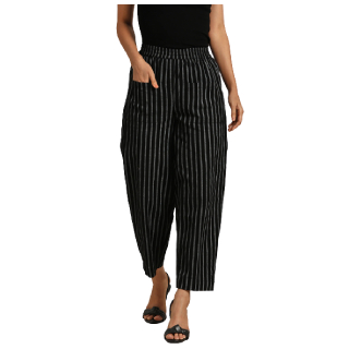 Buy Upto 50% Off On Women Black & Grey Tapered Fit Striped Cropped Trousers