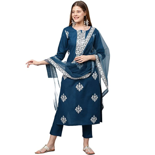 Buy Women's Cotton Blend Straight Embroidered Kurta with Pant & Dupatta