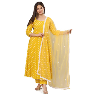 Buy Upto 60% Off On Women's Cotton Anarkali Kurta with Pants and Dupatta - (Yellow)