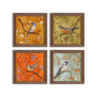 Buy Multicolor Jardine Birds Set of 4 Brown Framed Painting,UV Textured Art Prints (10 x 10 inch)