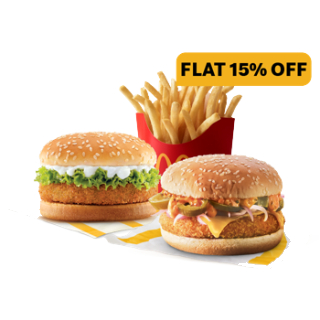 Flat 15% Off on Corn & Cheese Burger + McVeggie Burger+Fries (M)