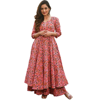 Buy Upto 50% Off On Women's Cotton Printed Anarkali Kurti with Palazzo Pants Set, Floral