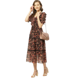 Buy Upto 47% Off On Black & Rust Orange Floral Print Tiered Midi Fit & Flare Dress with Ruffles