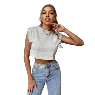 Buy Urbanic Grey Melange & White Pinstriped Cotton Extended Sleeves Padded Shoulder Crop Top