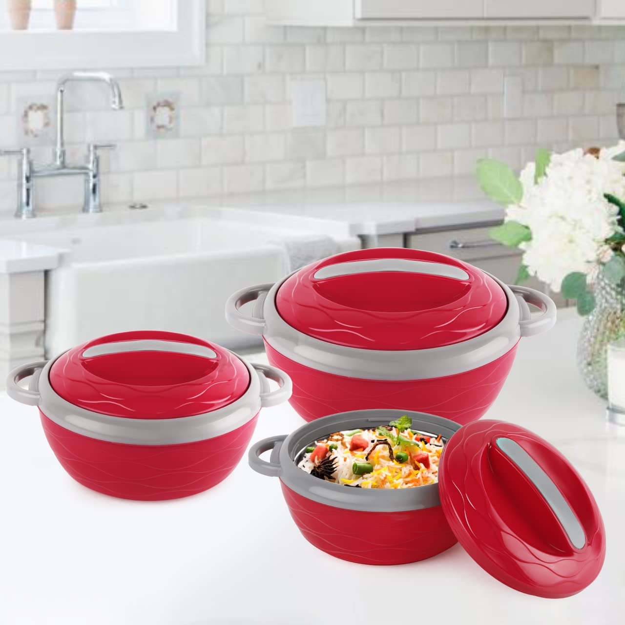 Cello Stainless Steel Hot n Fresh Casserole Set with Inner Steel, Set of 3 (500ml, 1000ml, 1500ml), Red