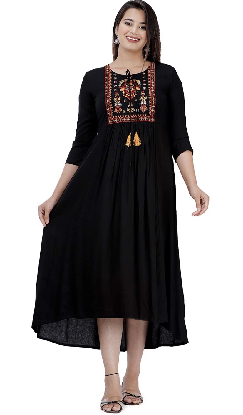 Now get DMP FASHION Women's Rayon Embroidery Work Flared Kurta at just Rs. 549