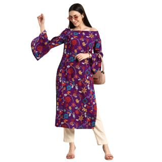 Buy Upto 80% Off On Women Purple & Orange Floral Printed Off-Shoulder Flared Sleeves Kurta