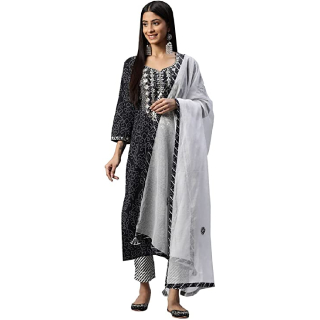 Buy Women's Black and White Cotton Kurta Pant Set With Dupatta