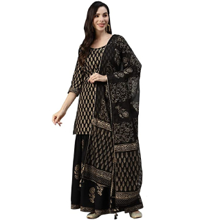 Buy Women's Black Gold Printed Cotton Kurta Sharara Set with Dupatta