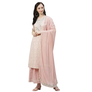 Buy Women's Light Pink Cotton Straight Kurta Palazzo set with Dupatta