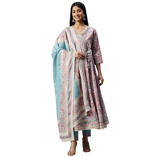 Buy Upto 50% Off On Women's Cotton Floral printed Anarkali kurta Pant set With Dupatta