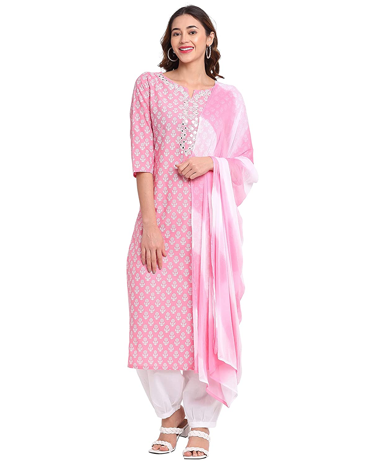 Monira Women's Pure Cotton Printed Straight Kurta Set With Dupatta (Ready To Wear; Pink And White