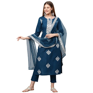 Buy Women's Cotton Blend Straight Embroidered Kurta with Pant & Dupatta