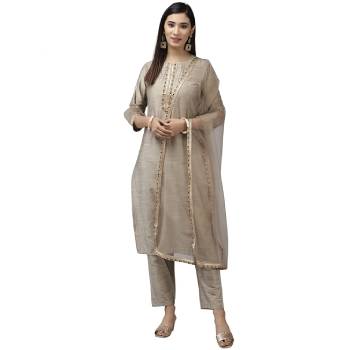Buy Chanderi Silk Solid Straight Calf Length Kurta Trouser With Dupatta Set at best price