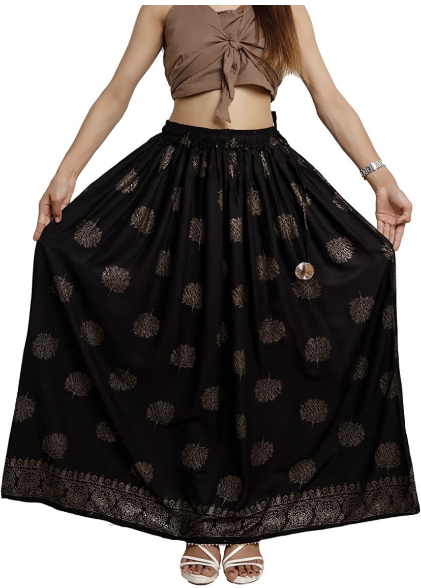 Get Vanya Long Black Designer Gold Print Skirt for Women with Gota Lase and Hanging Gota Flower (Free-Size) at just Rs.400