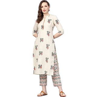 Flat 80% off on rytras Women's Cotton Printed Straight Kurti with Palazzos (Beig)
