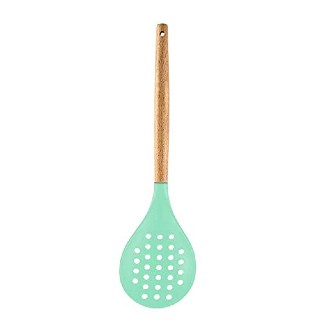 P-Plus International Silicone Slotted Skimmer Slotted Spoon with Good Grips Ergonomics Light Wooden Handle