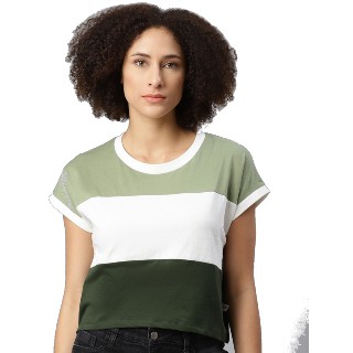 Roadster women green & white born to Roam colourblocked pure cotton T-Shirts at just Rs. 399