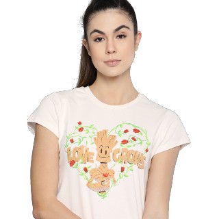 Kook & keech marvel Women off-white pure cotton Groot Print Round Neck T-Shirt at just Rs.299