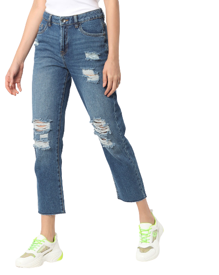 RIO Washed Distressed Girlfriend Fit Jeans