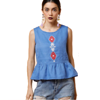 Get Flat Rs.749 off on Sleeveless Peplum Top with Embroidered Yoke