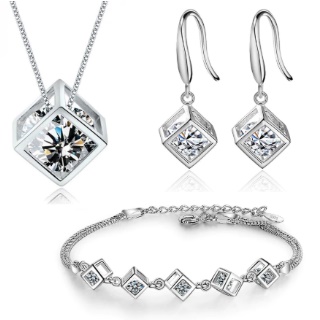 925 Sterling Silver Jewelry Sets (Square Cube Necklace+Earrings+Bracelet) for Women