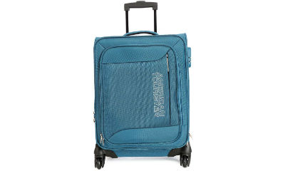 App -American Tourister Mocha Blue 4 Wheel Soft Luggage Trolley -Size Small