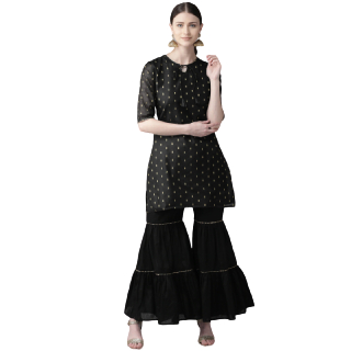 Get  63% off on Bhama Couture Women Black & Golden Woven Design Kurta with Sharara