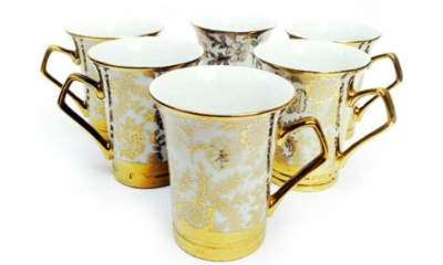 Blue Birds Golden Ceramic Mug (150 ml, Pack of 6)