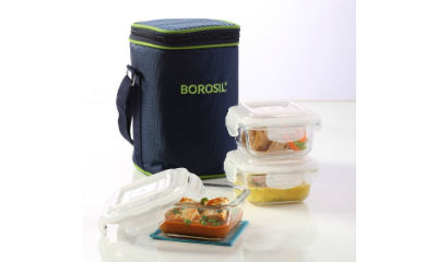 Borosil Klip N Store Microwavable Containers, 320ml, Set of 3 with Lunch Bag