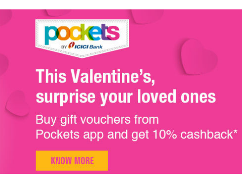Buy Gift Vouchers & Get 10% Cashback On ICICI Pocket App