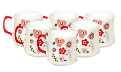 Clay Craft White & Red Coffee Mug Set- 6 Pcs