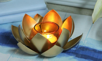 Courtyard Lotus Shaped Tealight Holder With Orange Glass