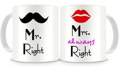 Fantaboy Mr. & Mrs. Right Couples Ceramic Mug (300 ml, Pack of 2)