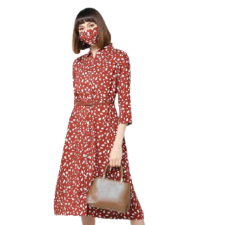 Save Rs.519 on FIG Floral Print A-line Shirt Dress with Mask