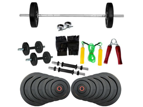 FITFLY Gym Set 20Kg Rubber Plate+ 3Ft Plain Rod+ Gloves+Skipping+ Dumbbells